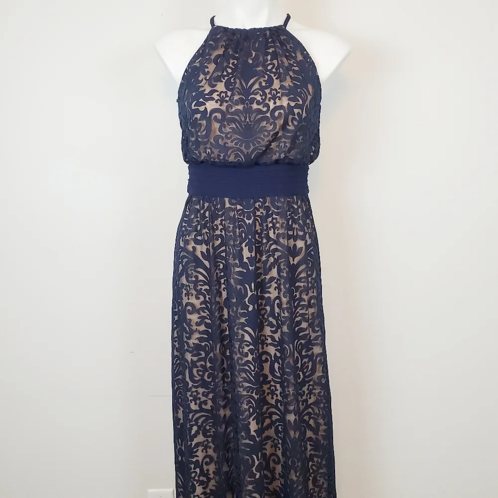 MAGGY LONDON | Blue Lace Halter Maxi Dress - Picture 3 of 7